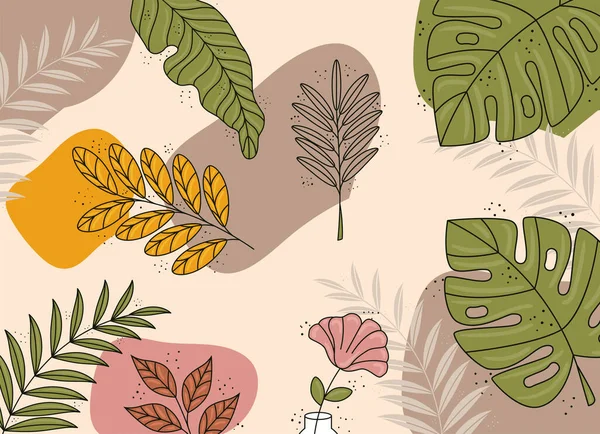Hojas y colores plantas boho estilo patrón fondo — Archivo Imágenes Vectoriales
