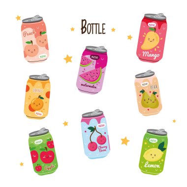 Kawaii karakterli sekiz meyve suyu kutusu.