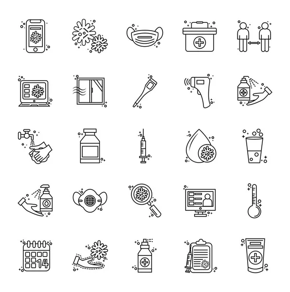 Bundle of twenty five covid19 pandemic set line icons — стоковый вектор