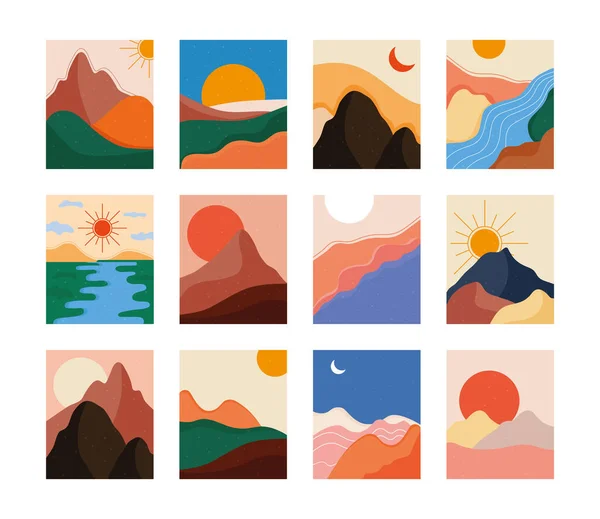 Bundle of twelve abstract landscapes colorful scenes — Stock Vector