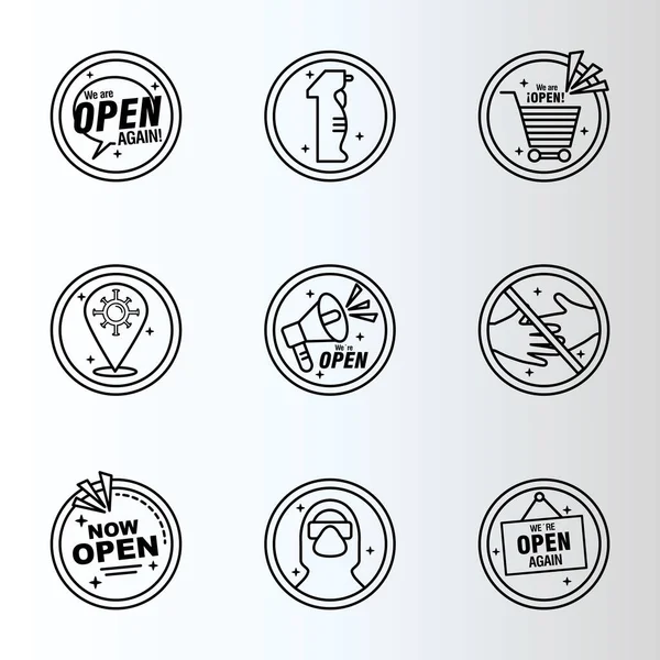 Bundle of nine reopening labels stickers set line style icons — Stock Vector