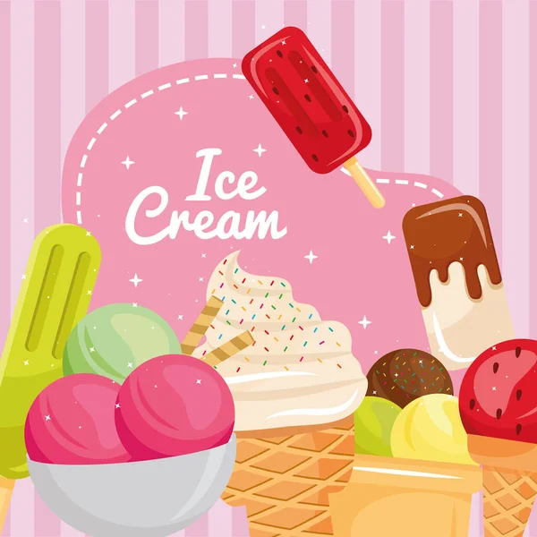 Bundle of seven ice creams and lettering — Stock Vector