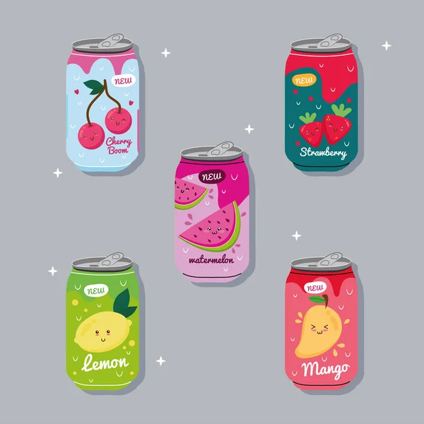 Paquete de cinco jugos latas de frutas con caracteres kawaii — Archivo Imágenes Vectoriales