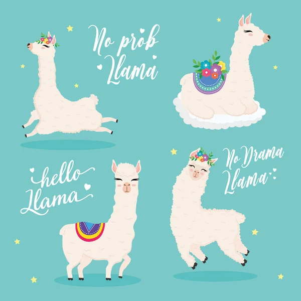 Cute flour alpacas exotic animals characters with flowers and lettering — Stock Vector