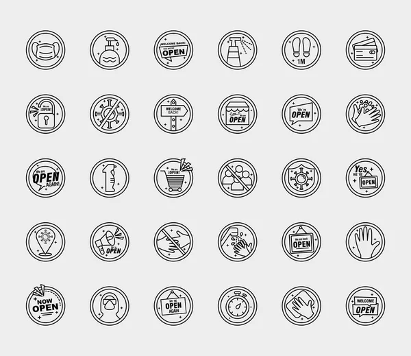 Pacote de trinta etiquetas de reabertura adesivos definir ícones de estilo de linha —  Vetores de Stock