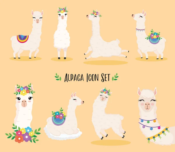 かわいい8匹のアルパカのエキゾチックな動物と花 — ストックベクタ
