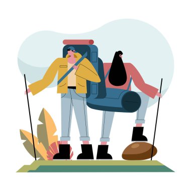 Hiker woman and man cartoons with bags and sticks vector design clipart