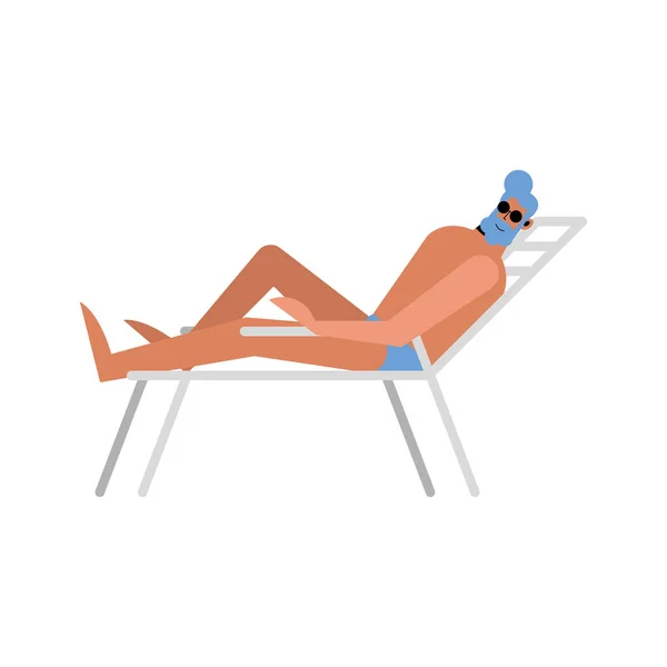 Hombre de verano de dibujos animados con trajes de baño en el diseño del vector de la silla solar — Vector de stock