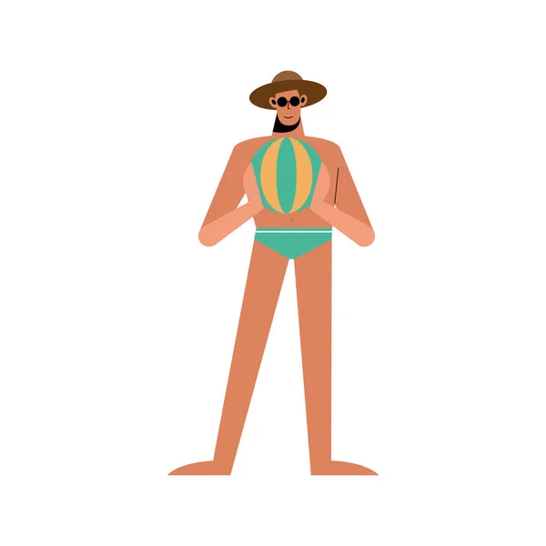 Desenho animado de homem de verão com roupa de banho e design vetorial de bola — Vetor de Stock