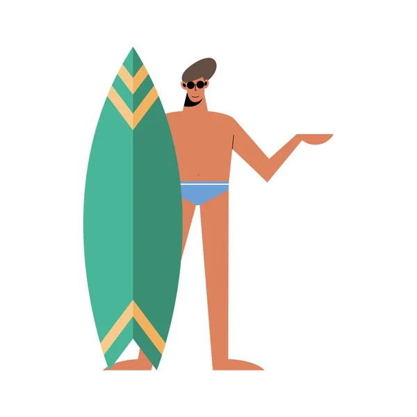 Dessin animé été homme avec maillots de bain et planche de surf vectoriel design — Image vectorielle