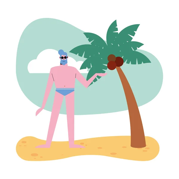 Desenho animado de homem de verão com roupa de banho no design de vetor de praia — Vetor de Stock
