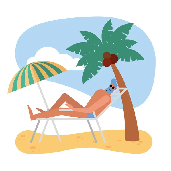 Hombre de verano con traje de baño en la silla de sol en el diseño de vectores de playa — Vector de stock