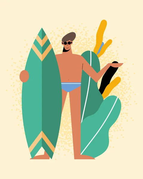 Vara om cu costume de baie surfboard și lasă design vectorial — Vector de stoc