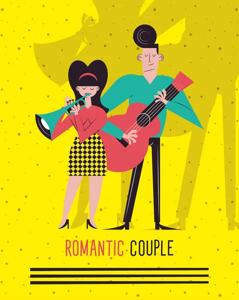 Pareja romántica con trompeta y diseño de vectores de guitarra — Vector de stock