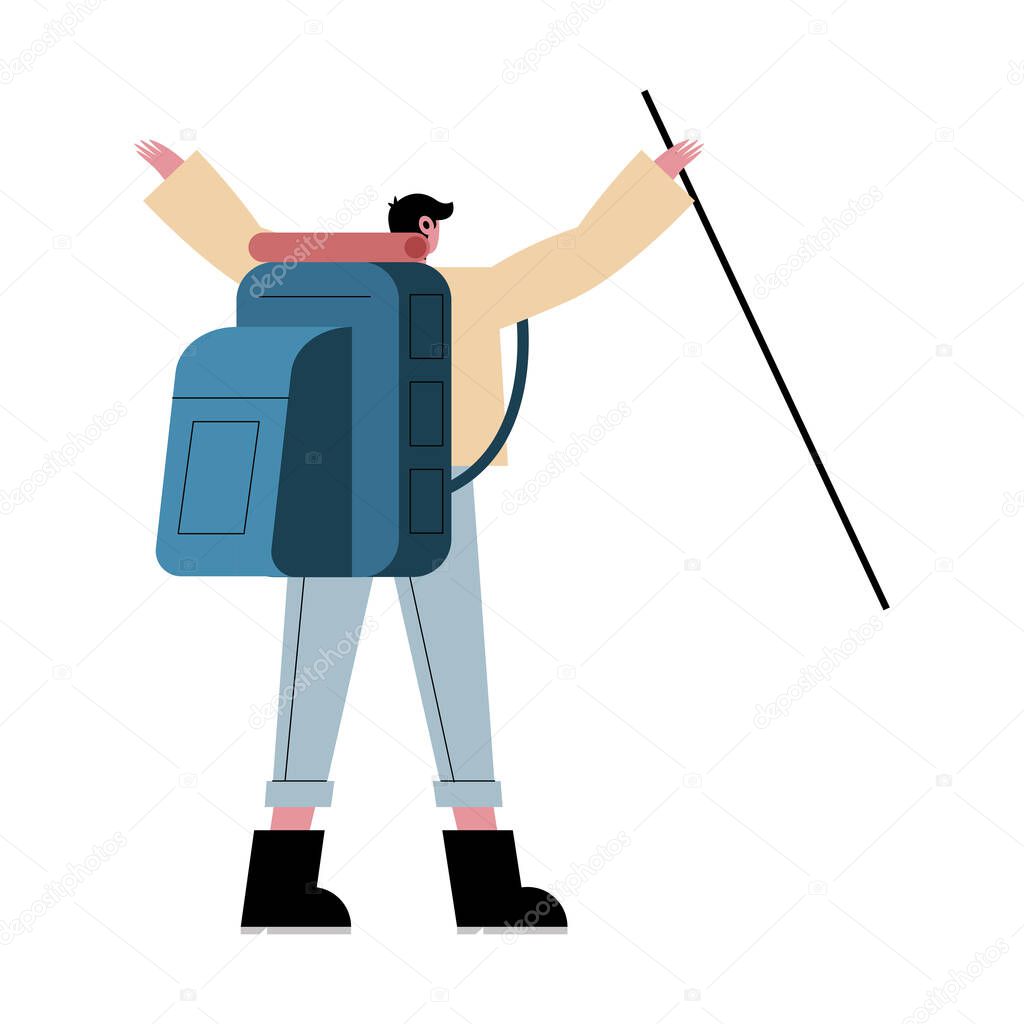 Hiker man cartoon with bag and stick backwards vector design