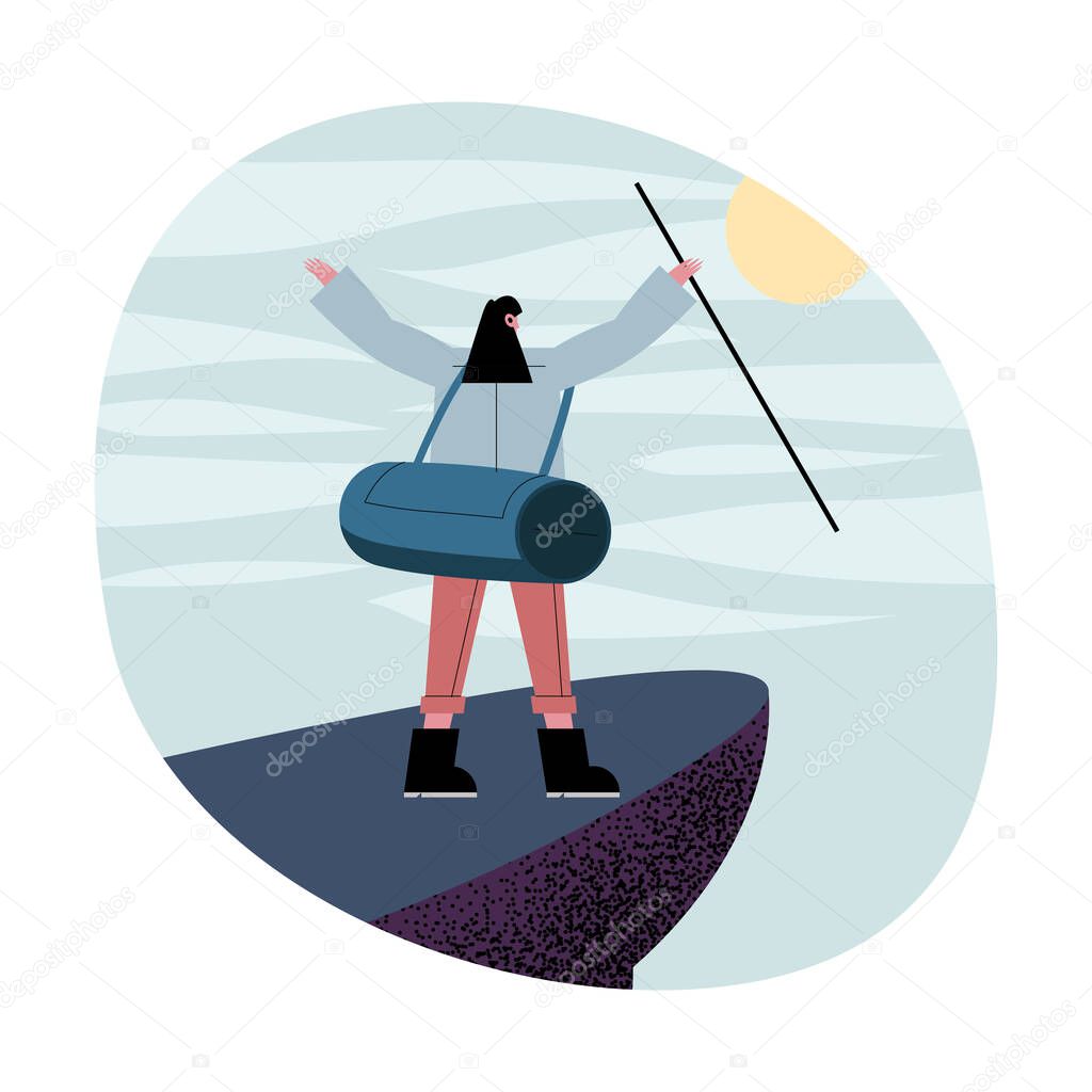 Hiker woman cartoon with bag and stick on cliff vector design