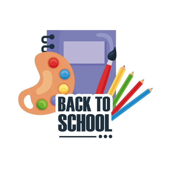 Back to school lettering with notebook and supplies education — Stock Vector