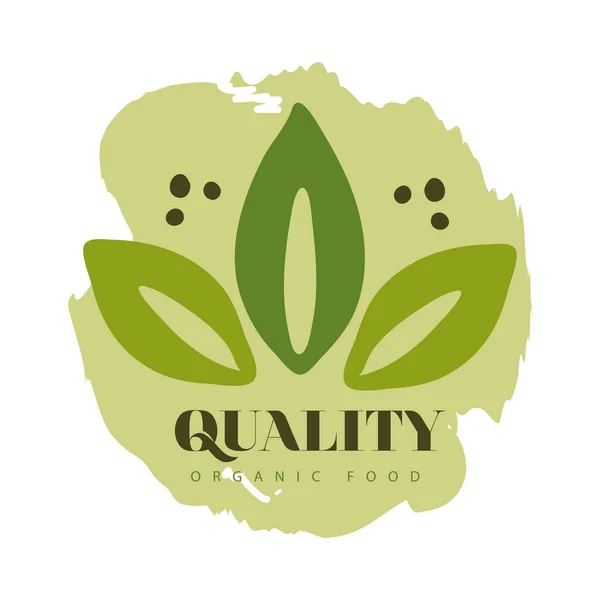 Kualitas makanan organik, label dengan daun pada latar belakang putih - Stok Vektor
