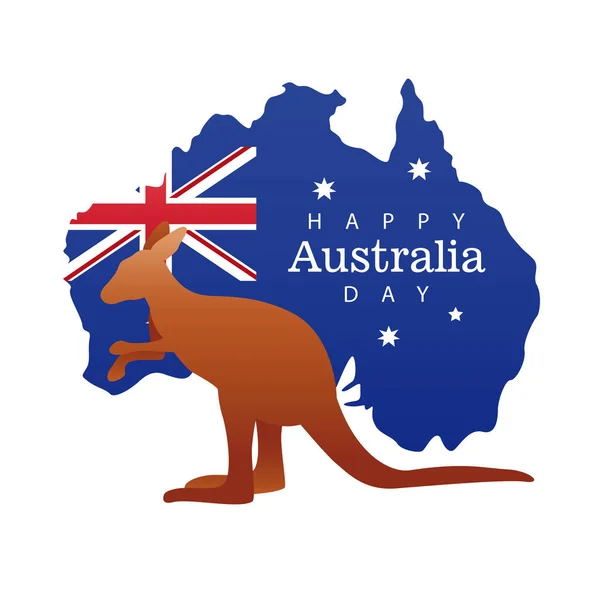 Heureux lettrage jour australie avec kangourou, carte et drapeau — Image vectorielle