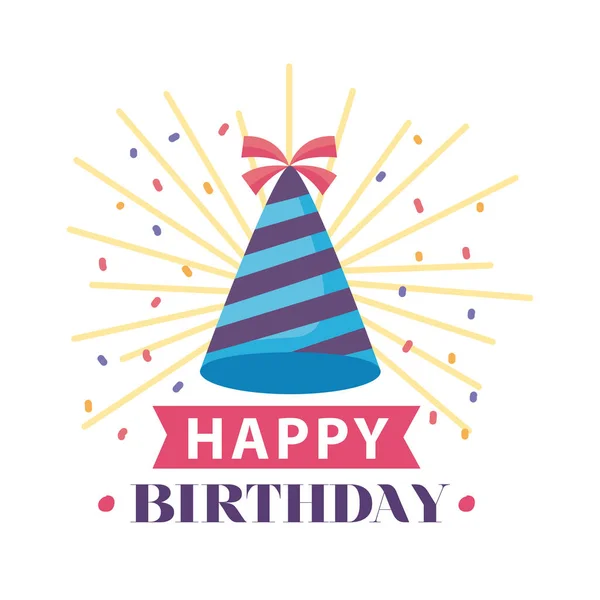 Happy birthday badge with hat party on white background — Stock Vector