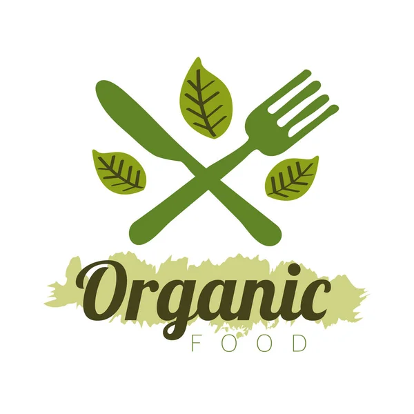 Aliments biologiques, étiquette avec fourchette et couteau et feuilles sur fond blanc — Image vectorielle