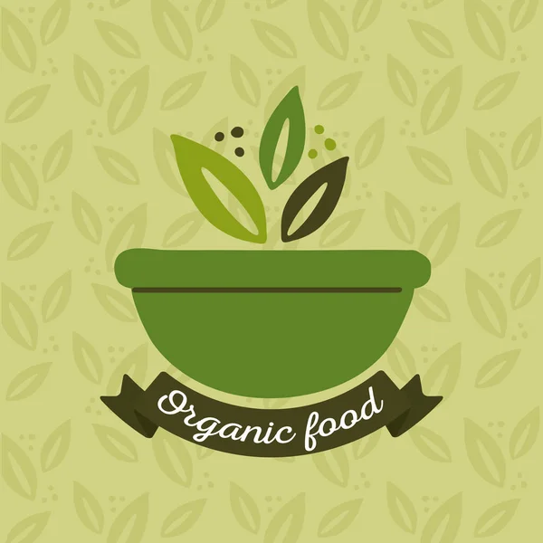 Alimenti biologici, etichetta con foglie e ciotola — Vettoriale Stock