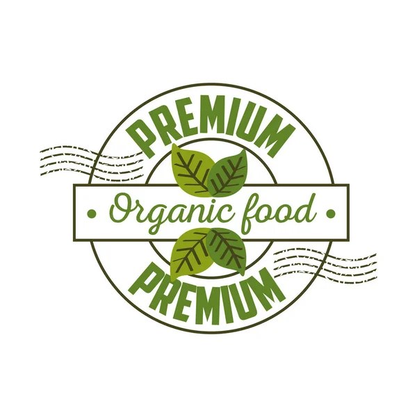 Premium ekologisk mat, etikett med blad i vit bakgrund — Stock vektor