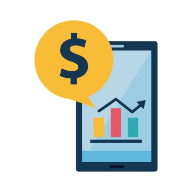 Akıllı telefondaki dijital pazarlama çubukları şeması para kabarcığı düz biçim ikon vektör tasarımı ile