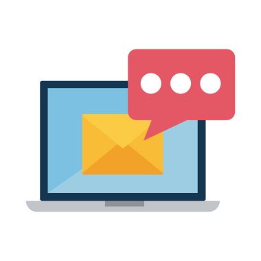 Düz baloncuk biçiminde vektör tasarımı olan dizüstü bilgisayarda dijital pazarlama zarfı