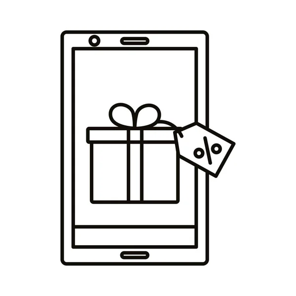 Cadeau marketing numérique avec étiquette dans la conception vectorielle d'icône de style de ligne de smartphone — Image vectorielle