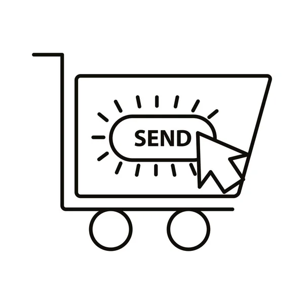 Καλάθι digital marketing με send button line icon vector design — Διανυσματικό Αρχείο