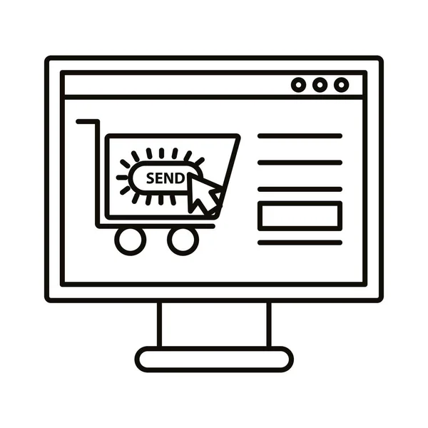 Digital marknadsföring vagn webbplats i datorlinje stil ikon vektor design — Stock vektor