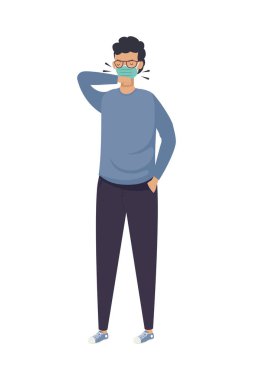 Covid önleme, ön kolunda tıbbi maske takan adam öksürüyor.