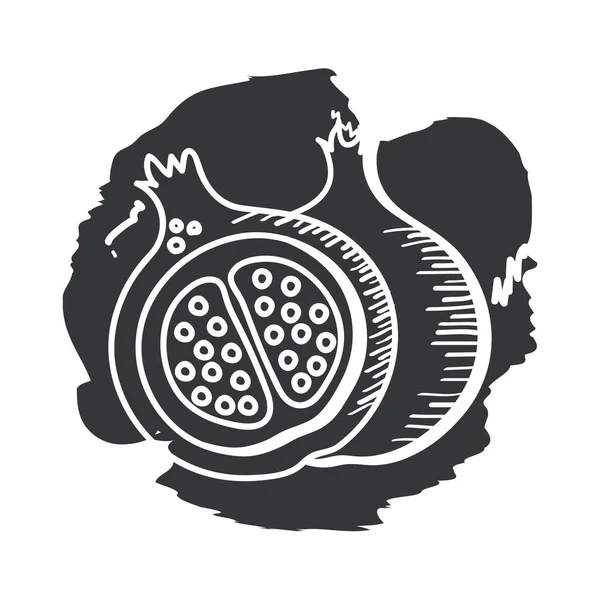 Granada fruta mano dibujar y bloque estilo icono vector diseño — Vector de stock