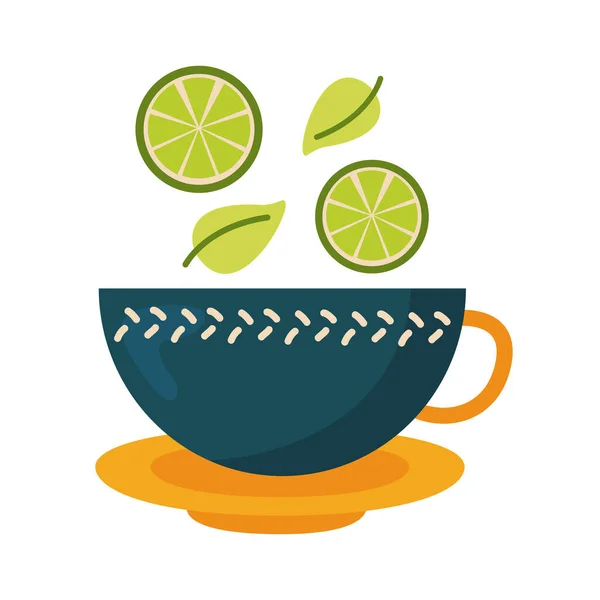 लिंबू आणि पाने वेक्टर डिझाइनसह चहा कप — स्टॉक व्हेक्टर
