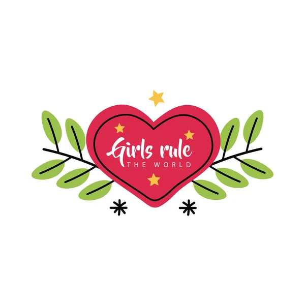 Girl power girls rule the world heart with leaves vector design — Stock Vector