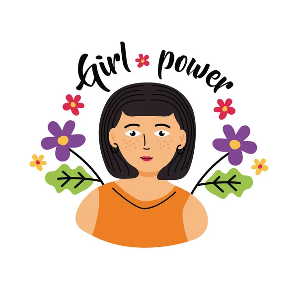 Gadis kekuatan wanita kartun dengan desain vektor bunga - Stok Vektor