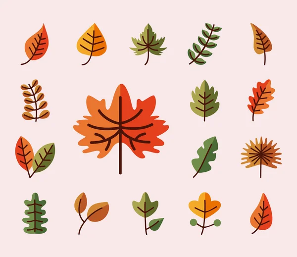 Leaves line and fill style set of icons vector design — Stock Vector