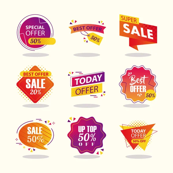 Offerta vendita etichette e banner icona set vettoriale design — Vettoriale Stock