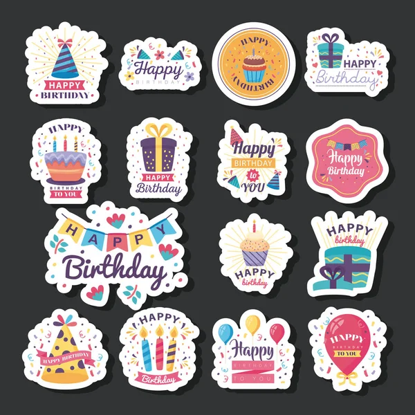 Fifteen badges happy birthday with decoration — Stock Vector