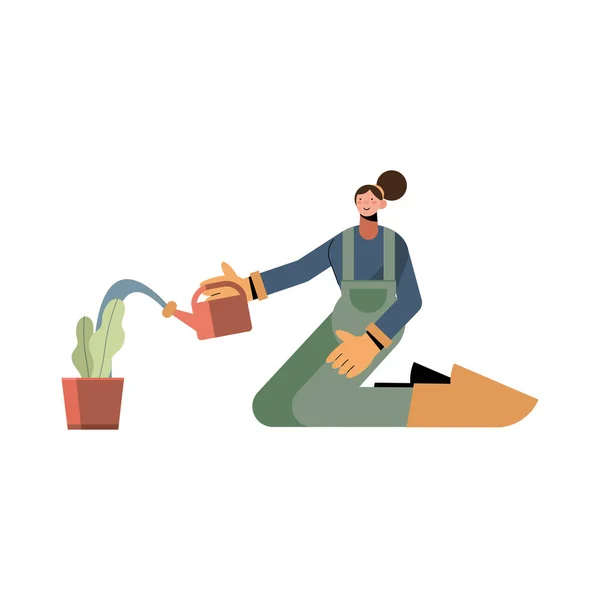Farmer woman with watering can and plant vector design — Stock Vector