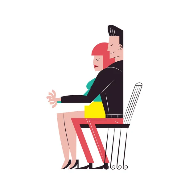 Casal romântico desenhos animados sentados no projeto do vetor do assento —  Vetores de Stock