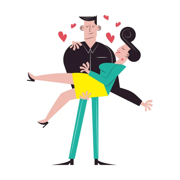 Ρομαντικό ζευγάρι κινούμενα σχέδια αγκαλιάζει με καρδιές διάνυσμα σχεδιασμό — Διανυσματικό Αρχείο