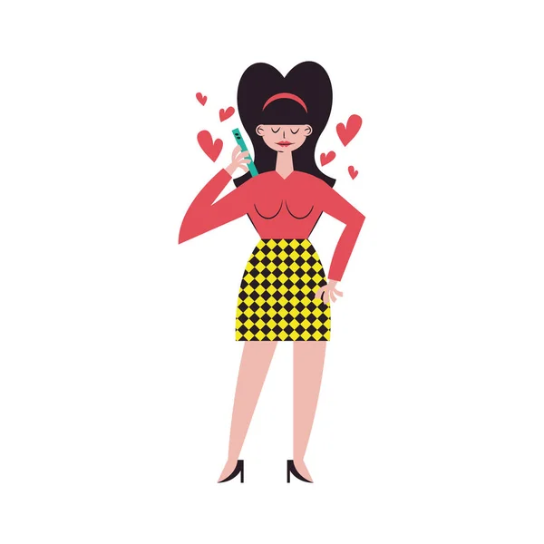 Dibujos animados de mujer con corazones y teléfonos inteligentes que llaman diseño vectorial — Vector de stock