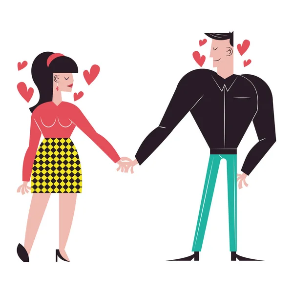 Casal romântico desenhos animados de mãos dadas com design de vetor corações —  Vetores de Stock