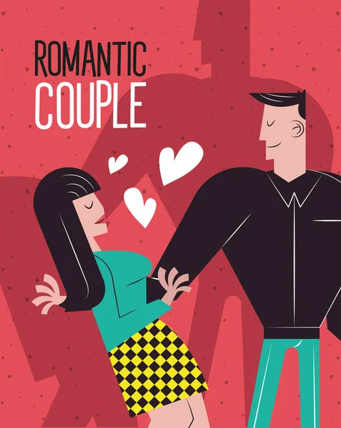 Ρομαντικό ζευγάρι κινούμενα σχέδια με καρδιές διάνυσμα σχεδιασμό — Διανυσματικό Αρχείο
