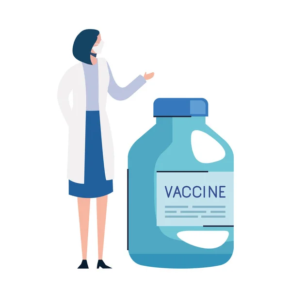 Frasco para injetáveis da vacina covid19 com médico fêmea — Vetor de Stock