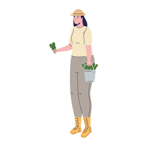Agricultor hembra con verduras en cubo avatar carácter — Vector de stock