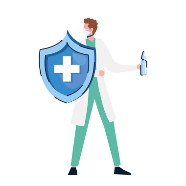 Doktor şişe aşısı ve kalkanla tıbbi maske takıyor.