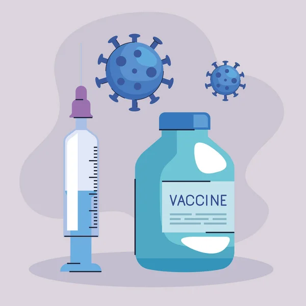 Covid19 flacon et seringue de vaccin contenant des particules virales — Image vectorielle